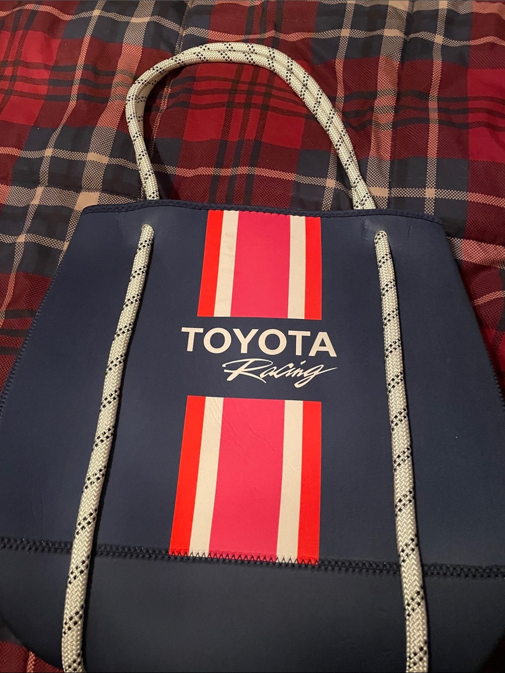 Navy Tote Bag with Pink and Red Stripe